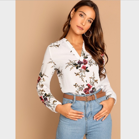 Rouge! Tops - V-Neck Floral Blouse, Off White Long sleeves Top